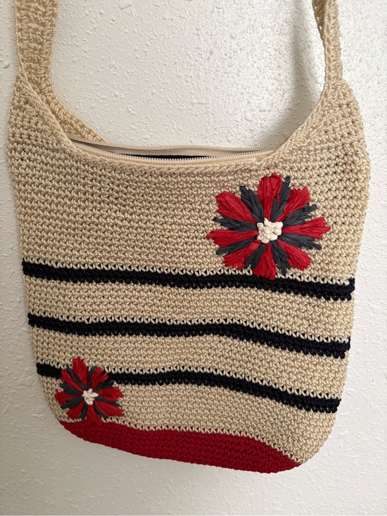 The Sak Handbags - The Sak Beige Crochet Shoulder Bag with Red & Blue Floral Accents 1030CL